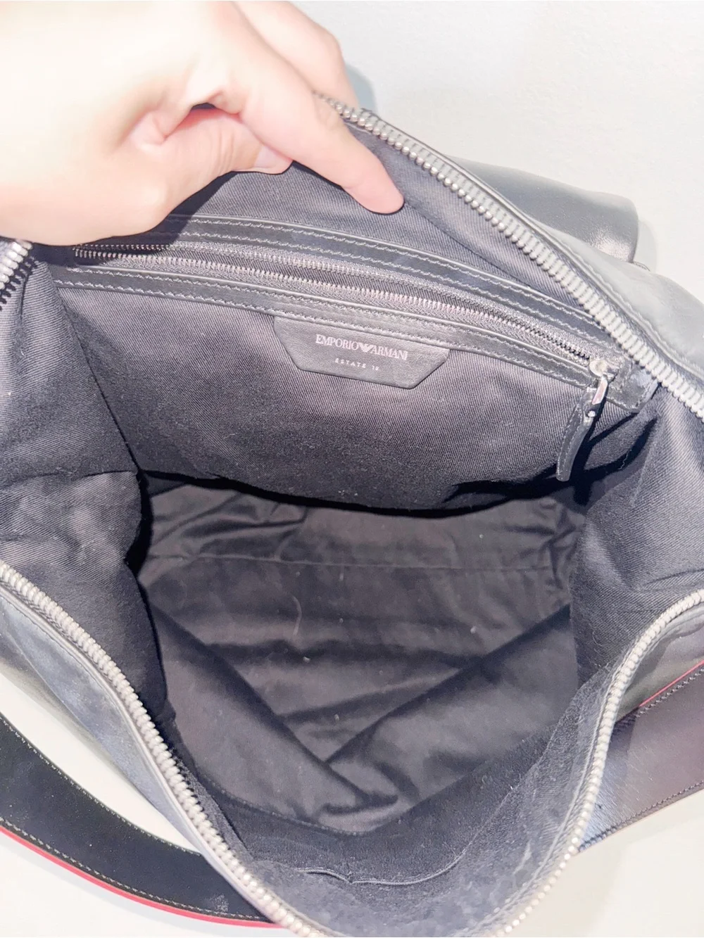 Emporio Armani Black Leather Backpack with Red Accent